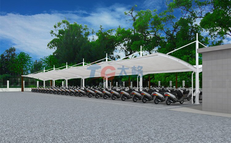 雙側斜拉膜結構電動車棚效果圖